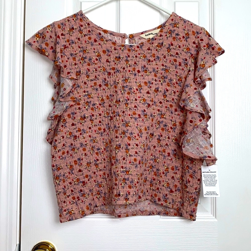 Flutter sleeve pink floral cropped top SZ XL